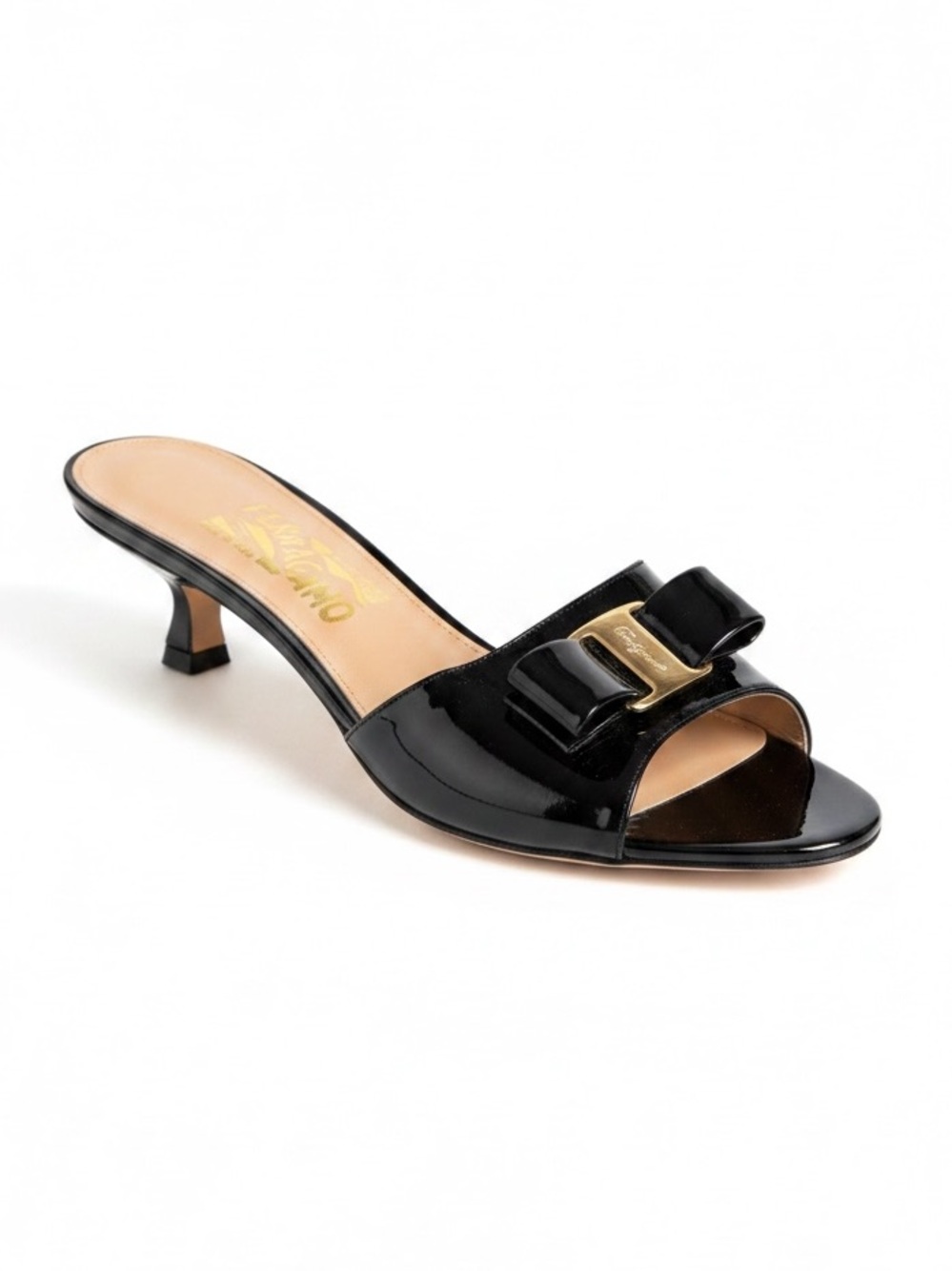 Salvatore Ferragamo Glory Vara Bow Patent Leather Kitten Heel Mules Black 9.5